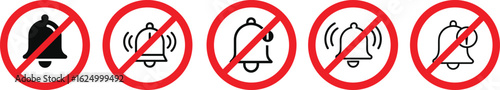 Muted bell icon set with red prohibition signs representing no alerts, silence mode, or notification block. Ideal for quiet settings, do not disturb concepts, or interface symbols.