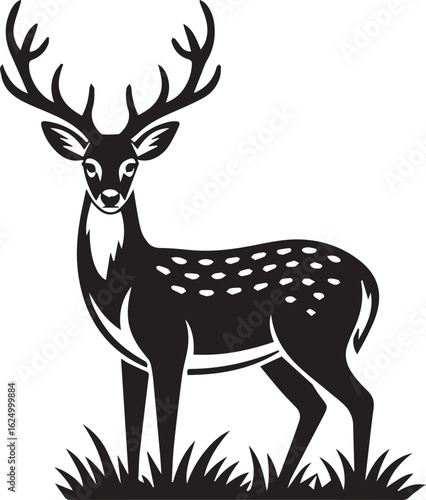 black and white deer silhouette vector with prominent antlers standing in grass nature scene