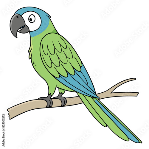 A cute cartoon macaw with vibrant blue and yellow feathers perches on a branch