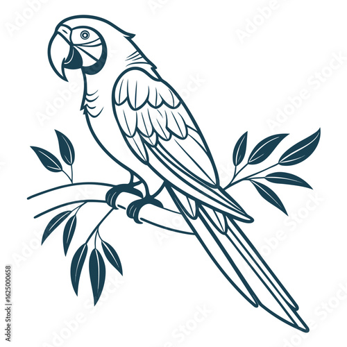 A vector illustration of a cartoon blue and yellow macaw parrot on a branch