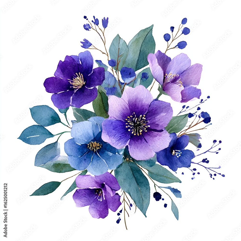 Fototapeta premium Elegant Watercolor Floral Bouquet Illustration with Purple and Blue Flowers for Invitations and Art