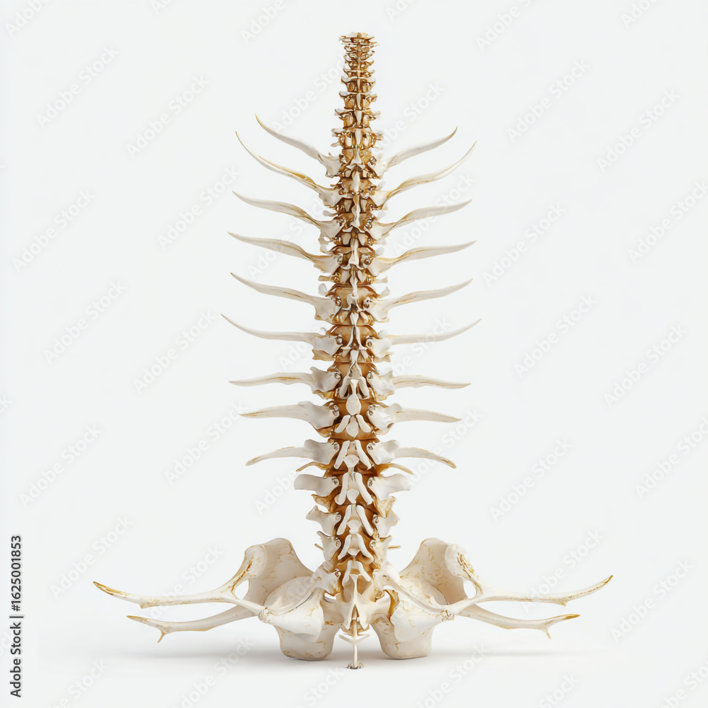 Obraz premium Detailed anatomical illustration of a human spine with ribs and pelvis isolated on white background, showcasing the skeletal structure