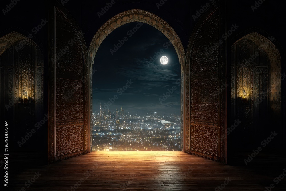 Fototapeta premium Ornate Arches Open to Cityscape and Full Moon View, Wood Flooring, Wall Candle Sconce