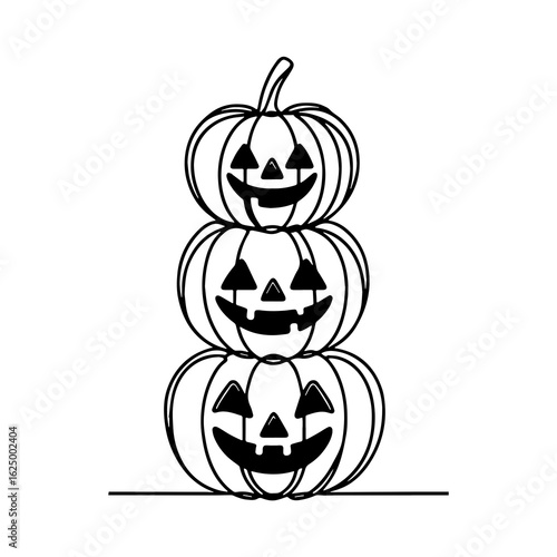 A black and white line art illustration of three pumpkins stacked on top of each other for halloween