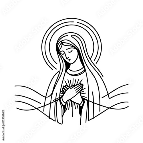 Line drawing of virgin mary with hands clasped over heart and halo on white background illustration