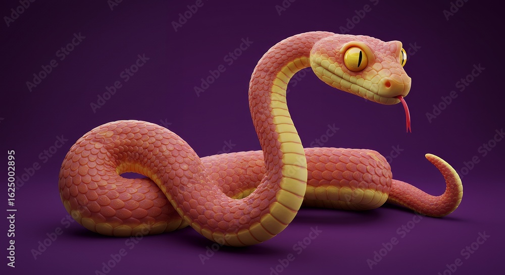 Obraz premium Pink Cartoon Snake with Yellow Eyes on Dark Purple Background