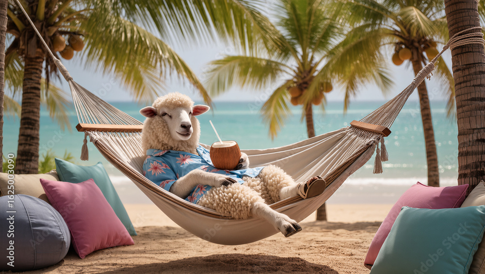 Naklejka premium Sheep Relaxing in Hammock by Ocean