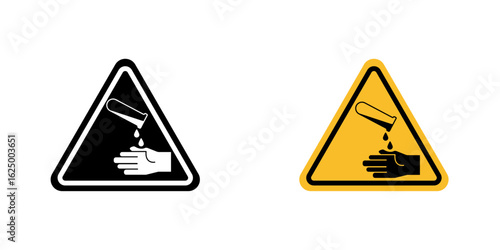Corrosive Acid Safety Sign vector icon. Outlined warning triangle featuring corrosive substance symbol with liquid dripping onto a surface and hand. Safety caution sign indicating acid hazard,