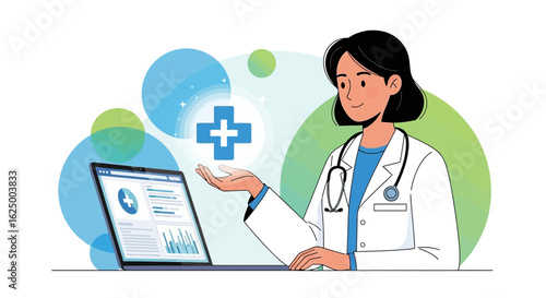 Doctor holding a health cross symbol checks data on a laptop. Clean vector illustration.
