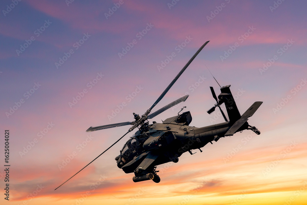 Fototapeta premium Combat Helicopter at Sunset, Close-up of a combat helicopter in flight during sunset, highlighting its powerful design and mission readiness.