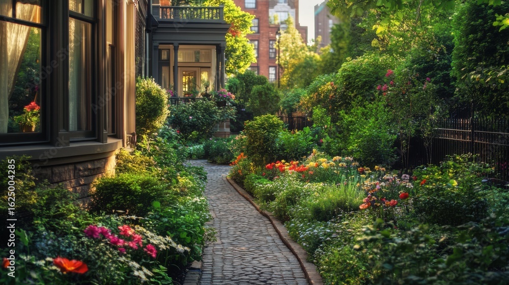 Fototapeta premium Garden Path Between Victorian Homes at Sunrise