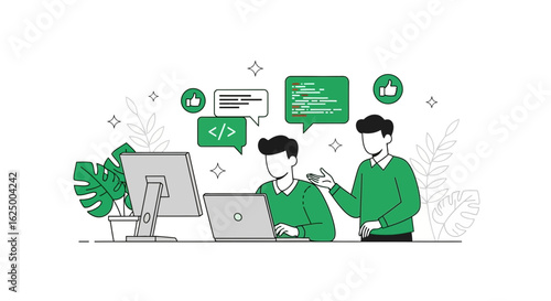 Software developers collaborating on code with a laptop. Teamwork and programming concept illustration.