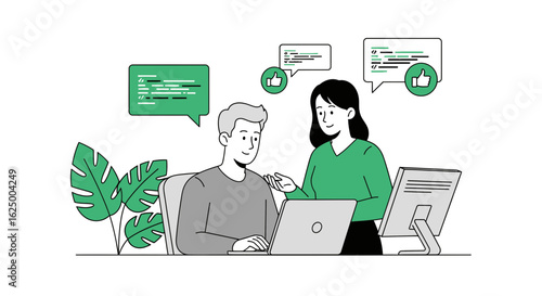Software developers in teamwork collaboration, reviewing code on a laptop in a modern office.