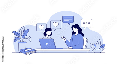 Online therapy concept with a psychologist consulting a patient via laptop video call illustration.