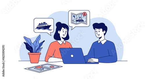 A travel agent and client planning a cruise vacation itinerary on a laptop. Vector concept.