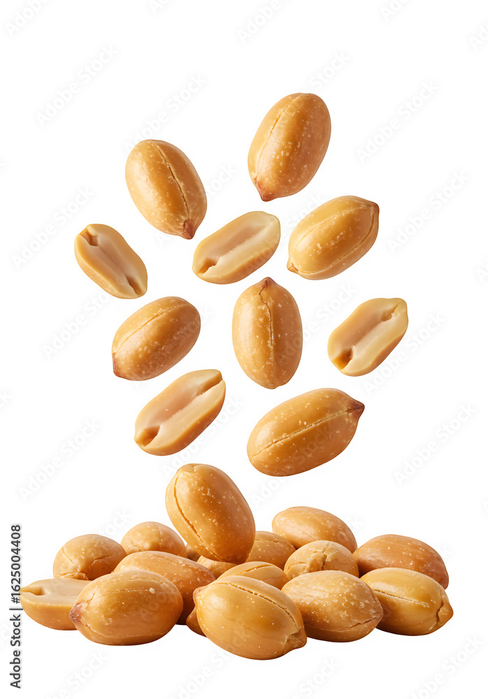 Obraz premium Roasted peanuts floating against a dark backdrop, perfect for snack, food advertising, or ingredient visuals. Isolated on a white background. PNG format