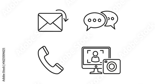 Thin line vector icon set of communication elements mail, chat, phone, and video call.