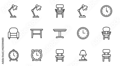 Minimalist line icon set of home furniture. Simple vector outlines of lamps, chairs, and clocks.