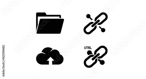 Minimalist black icons for file sharing tools folder, link, and cloud arrow. Flat vector set.