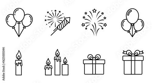 Black outline icons of festive items like balloons, fireworks, candles, and gifts. Clean vector shapes.