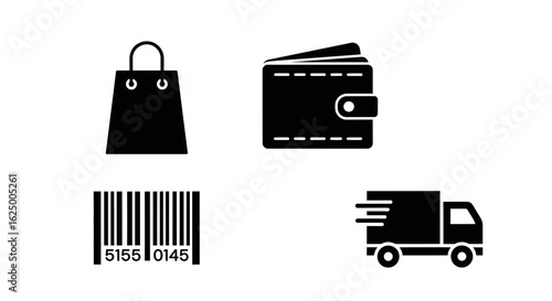 Black solid glyph icons for e-commerce, shopping, payment, and logistics on a white background.