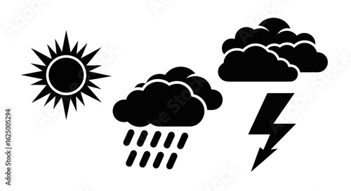 Bold black weather icon set with sun, rain cloud, overcast sky, and lightning bolt symbols.