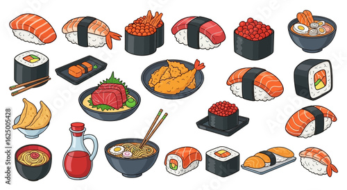 A colorful set of Japanese cuisine vector icons, including sushi, ramen, and sashimi.
