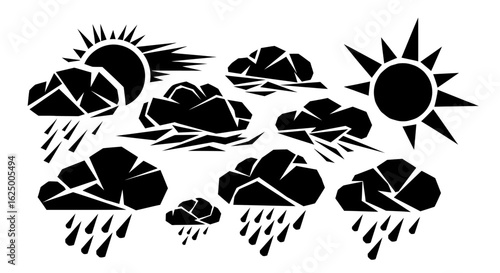 A set of black abstract geometric weather icons. Angular sun, cloud, and rain symbols collection.