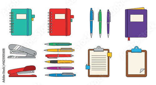Colorful vector icon set of office and school supplies, including notebooks and staplers