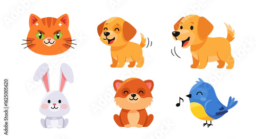 Cute cartoon animal icons with cats, dogs, rabbits, and birds in a playful vector style