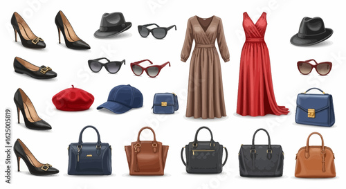Women's fashion set with dresses, high heels, handbags, hats, and sunglasses in a vector style.