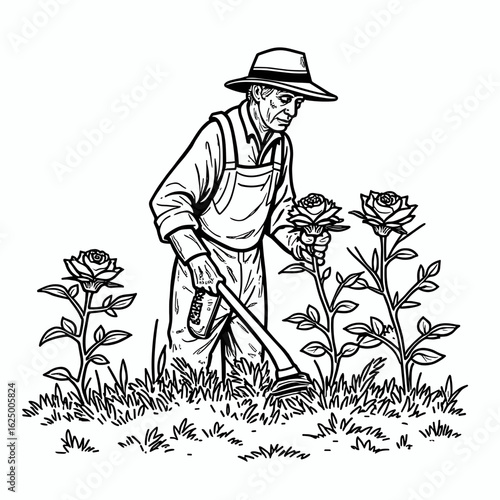 senior gardener caring for roses in the garden, working with tools, black and white line art