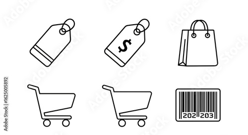 Monochrome outline icon set for e-commerce and retail, featuring tag, bag, cart, and barcode