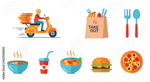 Food delivery service icon set with scooter, takeout bag, pizza, and hot meals in flat design.