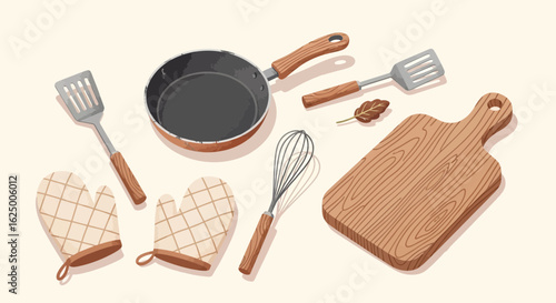 Food cooking utensils including frying pan, cutting board, spatula, whisk, and oven mitts