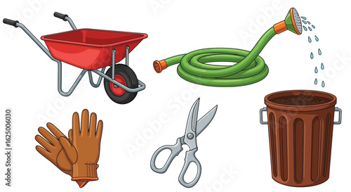 Gardening tools set including wheelbarrow, watering hose, gloves, shears, and compost bin
