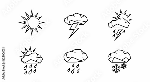 Geometric weather icons collection with linear sun, cloud, storm, rain, and snow symbols