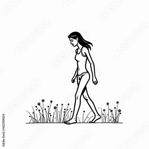 Woman walking barefoot through a flower field, serene and peaceful scene, black line art, copy space