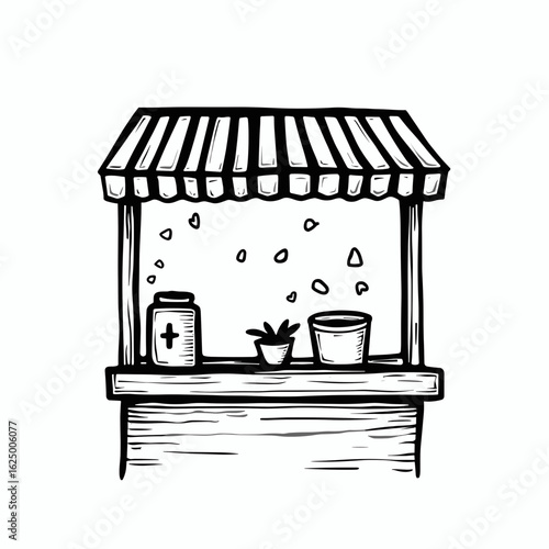 Charming market stall with striped awning, plants and goods, playful line art, copy space