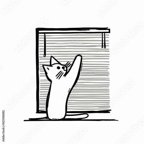 Cat playing with blinds on white background with copy space
