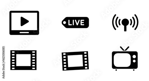 Glyph icon set for video streaming and media play screen, live signal, film strip, and television