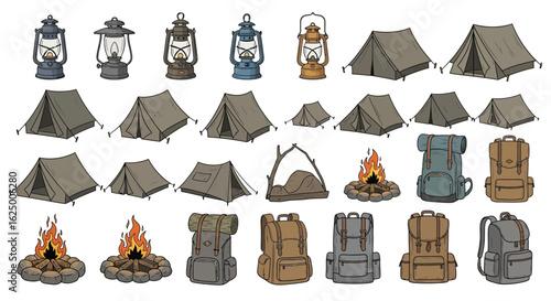 Vector icon collection of vintage camping gear featuring hand-drawn tents, lanterns, and rucksacks.