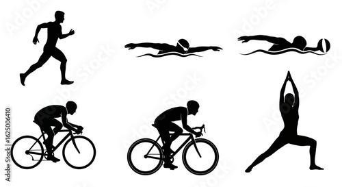 A collection of sports action silhouettes featuring running, swimming, cycling, and yoga.