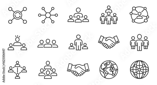 Set of black outline icons for business connection, teamwork, social network, and partnership