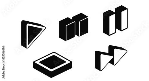 Isometric Black and White Media Control Icons Play, Pause, Stop, and Fast Forward Glyphs