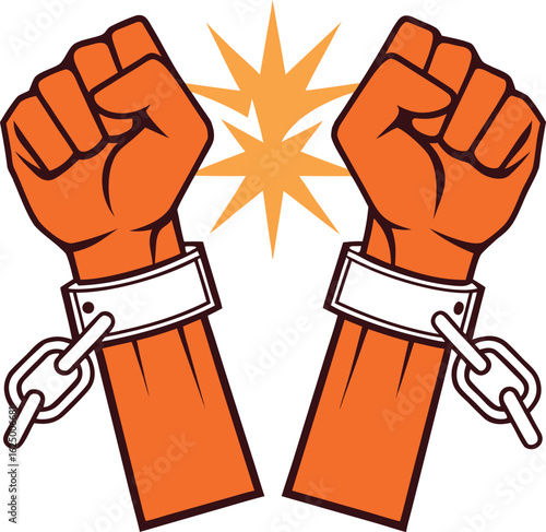 Two clenched orange fists raised defiantly in the air breaking free from white cuffs and chains symbolizing liberation and freedom