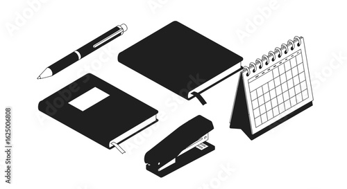 Isometric glyphs of office supplies. Pen, notebook, stapler, and calendar icons in black.