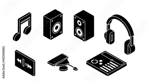 Isometric solid icons for audio streaming, with music notes, speakers, and headphones.