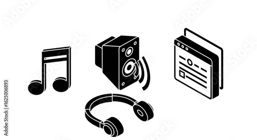 Isometric icons for audio streaming music note, loudspeaker, headphones, and digital playlist