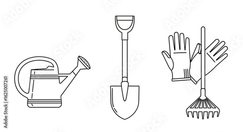 Set of gardening tool icons in a simple outline style watering can, shovel, rake, and gloves